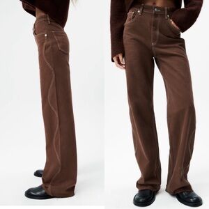 ZARA Wide Leg Full Length Brown Jeans, Western Wavy Seam, Size 2, Style 7215/241